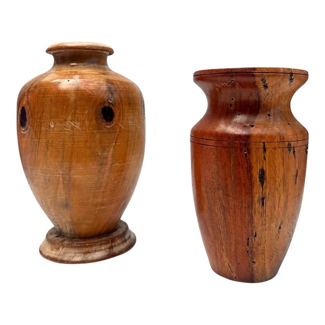 Pair of Signed h.p. Hand-Turned Exotic Wood Vases For Sale