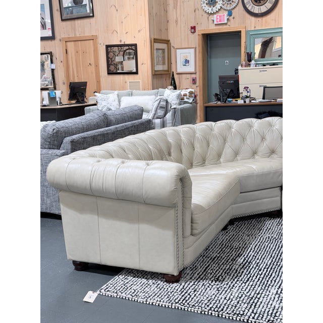 Early 21st Century Ivory Top-Grain Leather Chesterfield Sectional Sofa With Deep Button Tufting & Nailhead Trim For Sale - Image 5 of 11