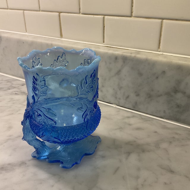 Pressed glass. Cobalt. Leaf base design. Possibly Mosser. Classic spooner shape. 1900. Victorian style. Molded scalloped rim.