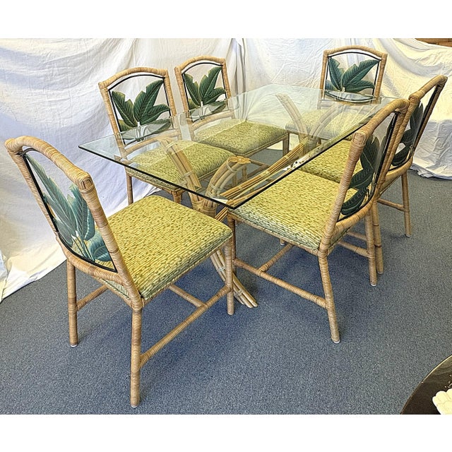 Vintage McGuire Style Rattan Wrapped Dining Chairs With Banana Leaf Back Detail- Set of 6 For Sale - Image 18 of 18