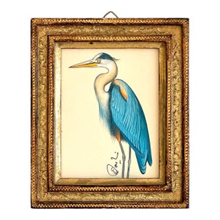 Hand-Painted Blue Heron Painting in a Antique Italian Frame For Sale