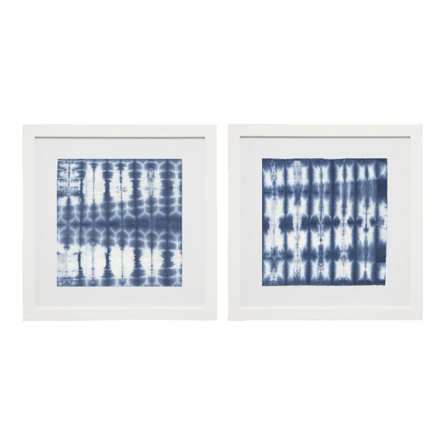 Shibori Indigo I & II Prints Matted in White Frame - 25" x 25", Set of 2 For Sale