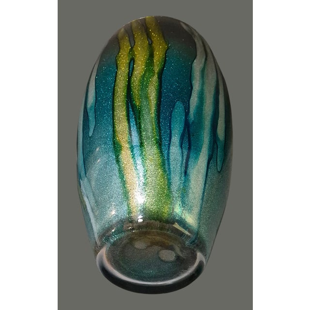 Glass Modern Tall 14'' Italian Art Glass Alcohol Ink Painted Vase Teal Gold & Silver For Sale - Image 7 of 8