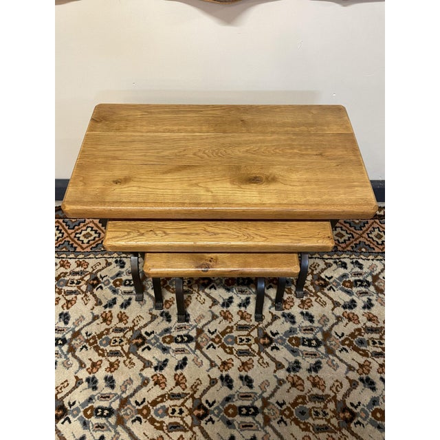 Wrought Iron and Oak Top Nesting Tables, Set of 3 For Sale - Image 4 of 7