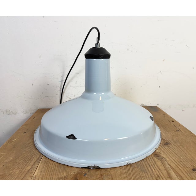 Industrial Light Blue Enamel Factory Pendant Lamp, 1960s For Sale - Image 13 of 18