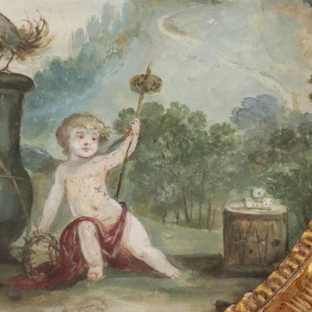 Textile Cherubs and Symbols of the Passion, 18th Century, Oil Paintings on Paper, Framed, Set of 2 For Sale - Image 7 of 12