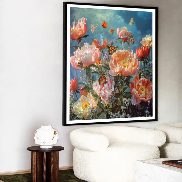 A Digital Photograph of Several Peonies Flowers with Butterflies on them. Printed on 300gsm Fine Art Paper.