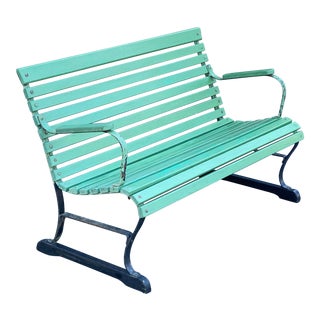 Mid Century Slatted Wood & Iron Park Garden Porch Bench For Sale