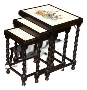Vintage Spanish Set of 3 Hand Painted Tile Top Barley Twist Nesting Tables