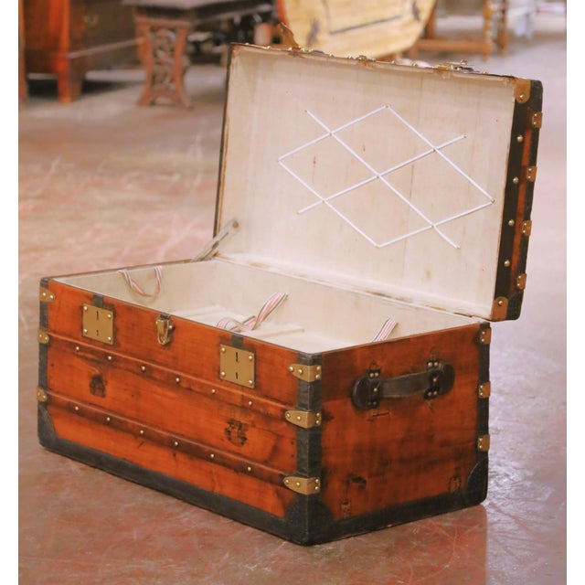 19th C. French Parisian Travel Trunk Coffee Table With Brass and Iron Hardware For Sale - Image 12 of 16