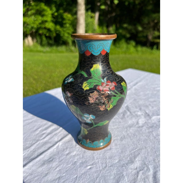 Chinoiserie Small Black Cloisonné Vase For Sale - Image 3 of 9
