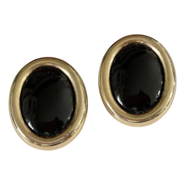 Vintage Gold Tone and Black Enamel Modernist Clip- On Oval Earrings For Sale