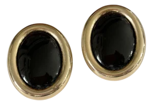 Vintage Gold Tone and Black Enamel Modernist Clip- On Oval Earrings