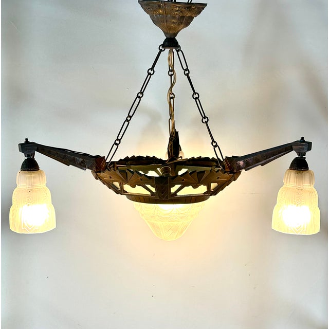Copper Art Deco 4-Light Chandelier in Glass and Metal, 1930s For Sale - Image 8 of 13