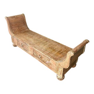 Vintage Coastal Crackle Finish Sleigh Bench For Sale
