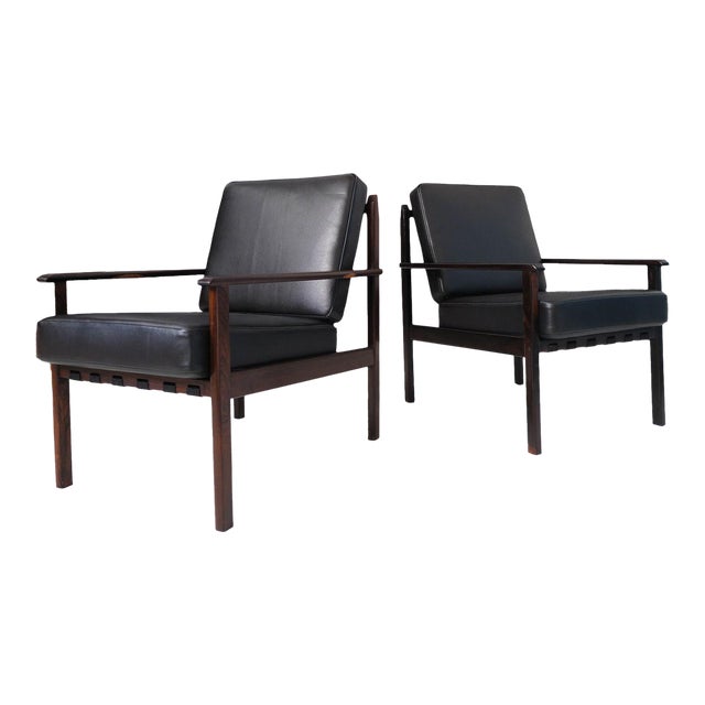 Mid-Century Brazil Modern Lounge Chairs in Black Leather- a Pair For Sale