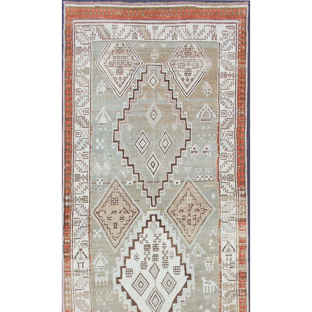 Kurdish Antique Runner With Tribal Design in Light Green, Taupe & Orange-Red 3'6 X 10'9 For Sale - Image 12 of 13