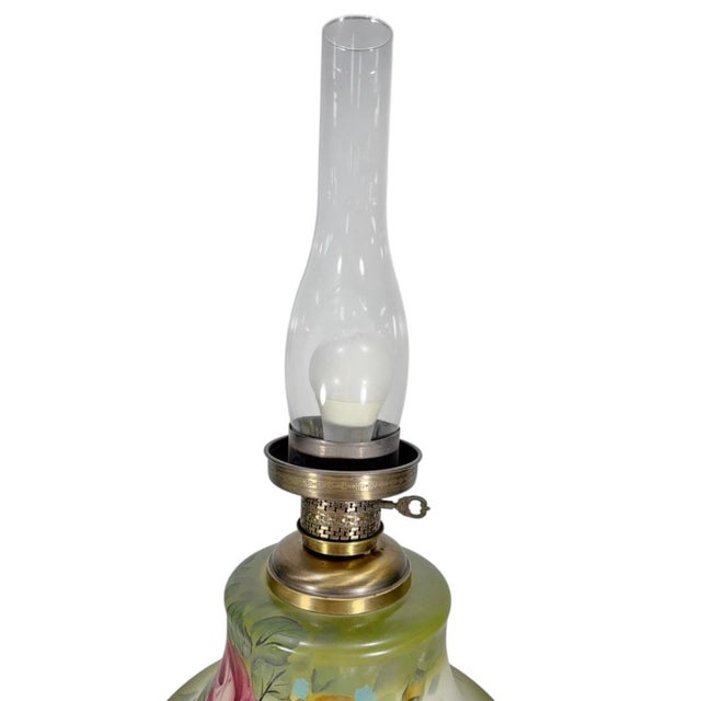 French Vintage French Floral Glass Hurricane Table Lamp For Sale - Image 3 of 10