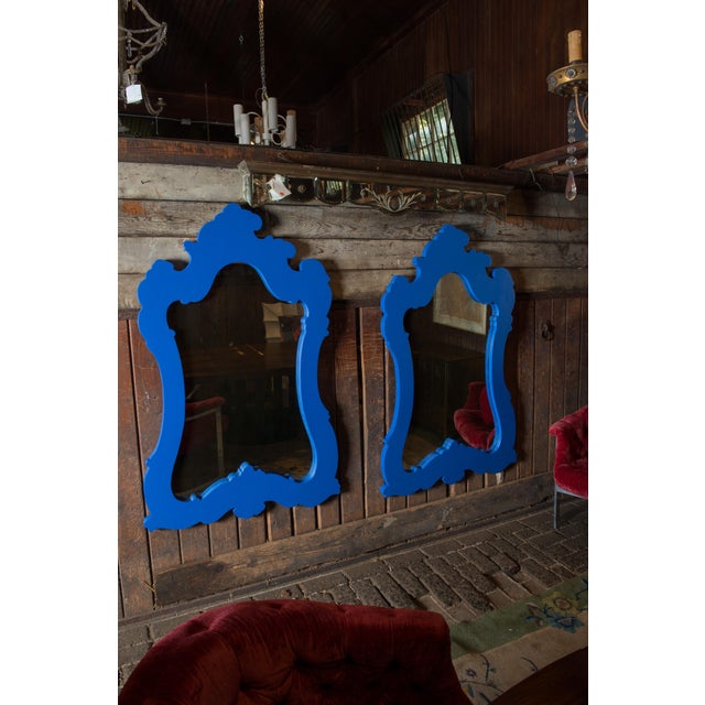 Pair Chinoiserie or Moroccan Blue Painted Wood Framed Mirrors, 1980s For Sale - Image 11 of 12