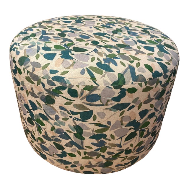 Round Ottoman Upholstered in Imogen Heath For Sale