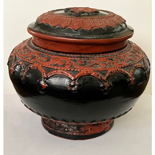 Antique Burmese Lacquer Lidded Jar, Elephant, Red & Black, 5 1/2” X 4 1/2” T For Sale - Image 11 of 12