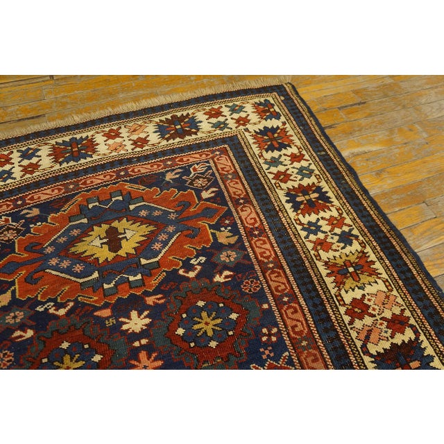 1890s Blue Navy Geometric Tribal Caucasian Kuba Rug 3'9" X 5'3" Wool Handknotted Carpet For Sale - Image 4 of 6