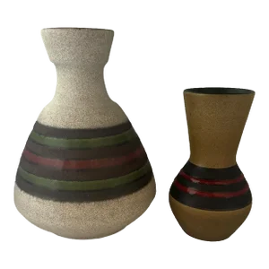 Set of 2 Mid-Century Dümler & Breiden and Jasba West German Art Pottery Striped Vases "Fat Lava"