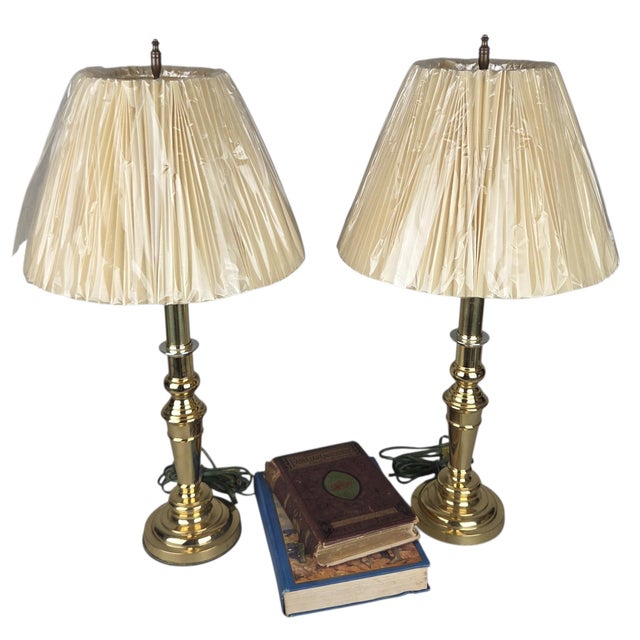 Pair of Vintage Solid Brass Candlestick Table Lamps With Knife-Pleated Shades For Sale - Image 12 of 13