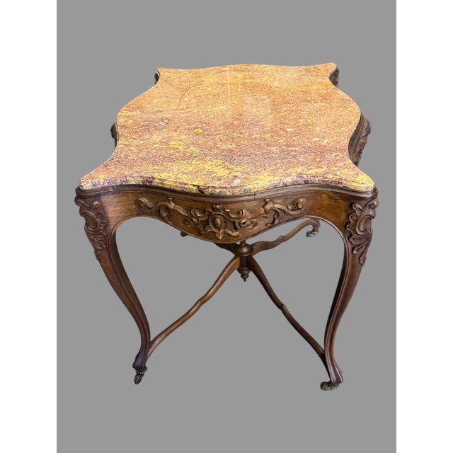 Antique French Louis XV Style Marble Top Carved Walnut Center Side Ta For Sale - Image 6 of 7