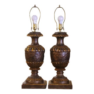 Mid 20th Century Italian Hand Carved Two-Tone Silver and Gilt Table Lamps - Set of 2 For Sale