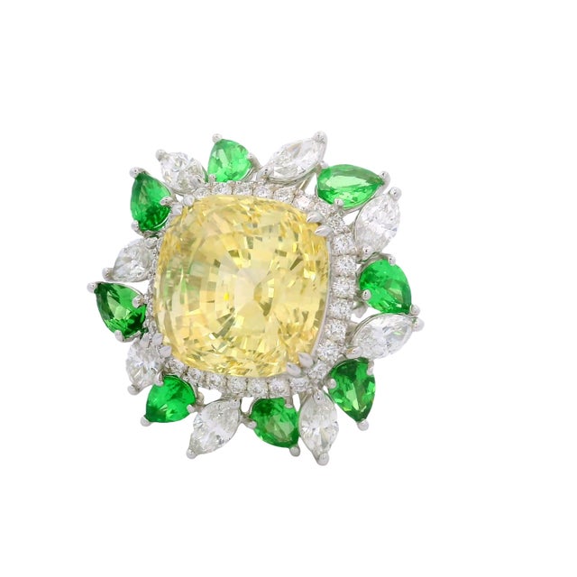 17.73ct Yellow Sapphire Diamond Tsavortite 18k White Gold Ring, Aigs No-Heat, Size 7 For Sale - Image 4 of 8