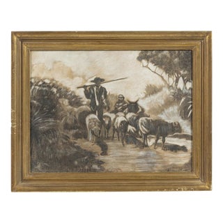 Portuguese School Artist, Shepherd with Sheep, Mixed Media on Paper For Sale