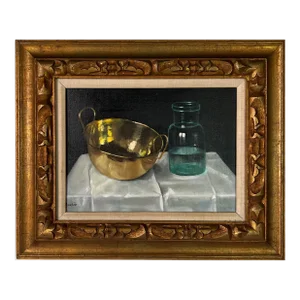 Andras Gombar Still Life - Copper and Glass Jar Oil on Canvas Painting