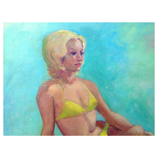 Multi-colored figurative oil painting of a woman in bikini bathing in the California sun by listed California artist Jon...