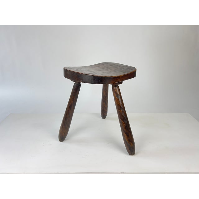 Vintage Brutalist Rustic Carved Wood Tripod Stool, France, 1930s For Sale - Image 4 of 12