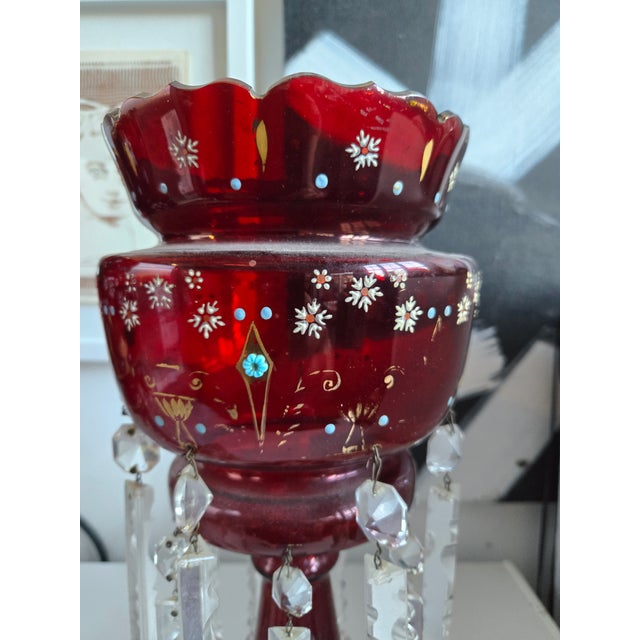 Victorian 19th C Bohemian Cranberry Glass Enamel Lustres For Sale - Image 3 of 12