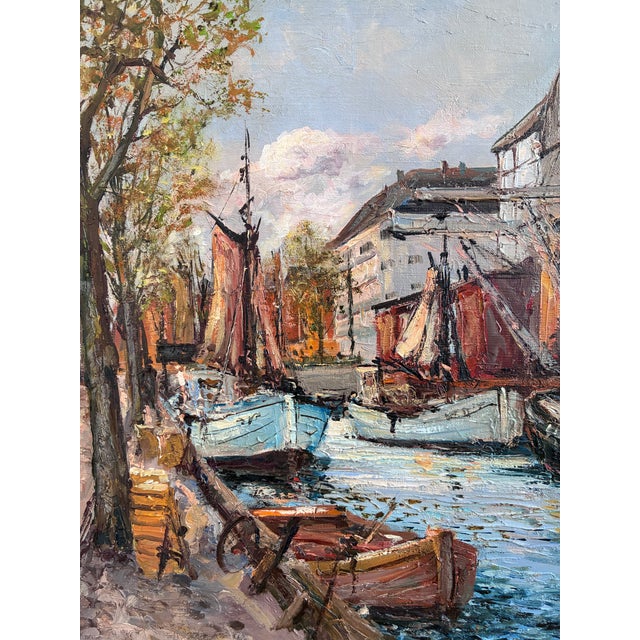 Vintage Original Oil Painting of a Canal Cityscape, Circa 1970s - Signed For Sale - Image 6 of 17