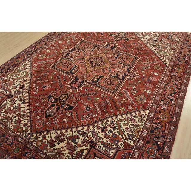 Tribal Heriz Rug 7’10” X 10’6” Red Wool Vintage Tribal Hand-Knotted Oriental Carpet For Sale - Image 3 of 15