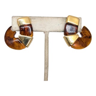 Vintage 1984 Signed Napier Goldtone Faux-Tortoise Clip Earrings-2 Pieces For Sale
