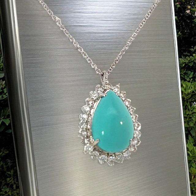 Persian Turquoise Diamond Pendant With Chain 17" 14k WG 9.9 TCW Certified For Sale - Image 13 of 18
