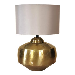 1970s Ethan Allen Mid-Century Modern Antiqued Brass Orb Table Lamp With Drum Shade For Sale