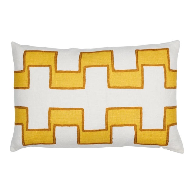 Schumacher Dixon Embroidered Print 25" Lumbar Pillow in Yellow For Sale