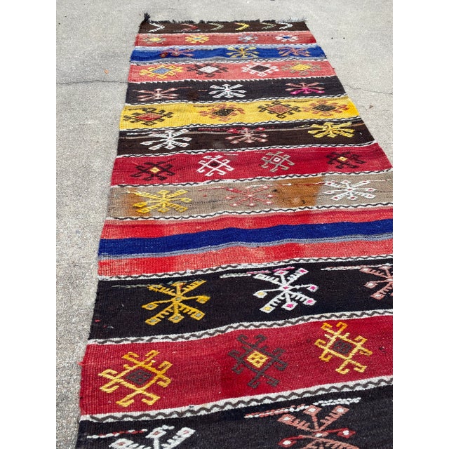 Ruby Red Embroidered Vintage Striped Pattern Kilim Runner Rug For Sale - Image 8 of 9