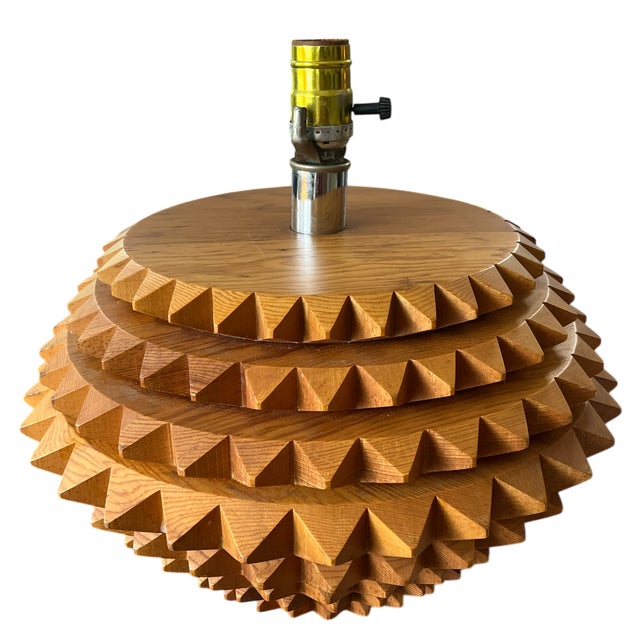 Brutalist 1970s Hand-Carved Sawtooth Wood Table Lamp — Artisan Made For Sale - Image 3 of 9