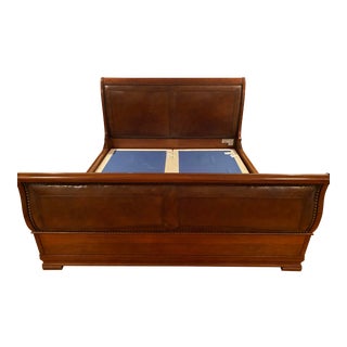 Vintage Henredon Solid Cherry Registry King Leather Nail Head Sleigh Bed For Sale