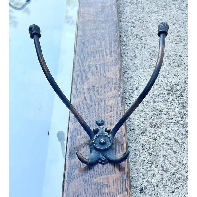 1910s 1910s Antique Tiger Oak Wooden Rectangle Beveled Wall Mirror & Hat Hooks For Sale - Image 5 of 7