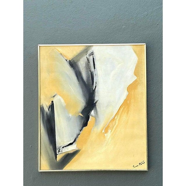 This compelling abstract expressionist oil painting by artist Susan Potter is a masterful study in movement and tonal...