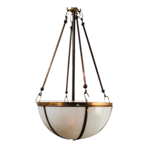 Vintage Art Deco Ceiling Hanging Pendant Light Fixture Brass & Milk Glass Shade