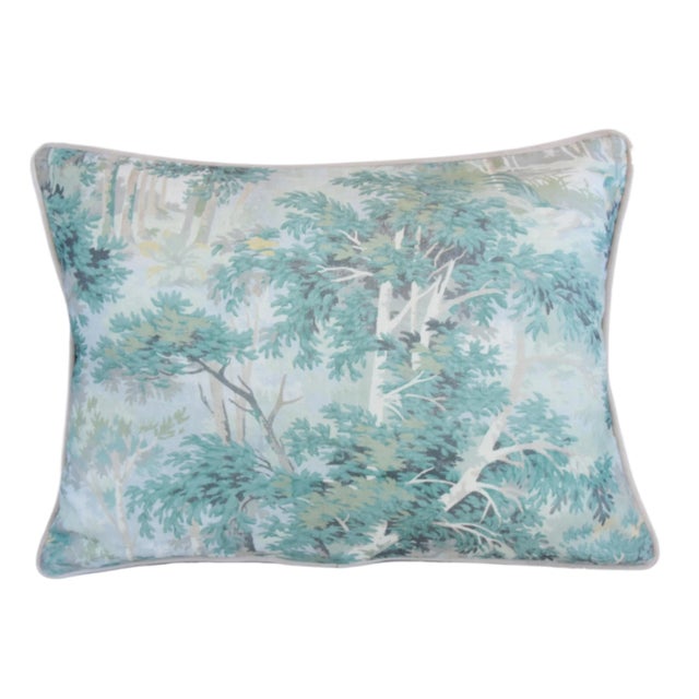 Custom-tailored pillow in Colfax & Fowler linen fabric called "Arden" depicting a beautiful old-world tapestry floral...