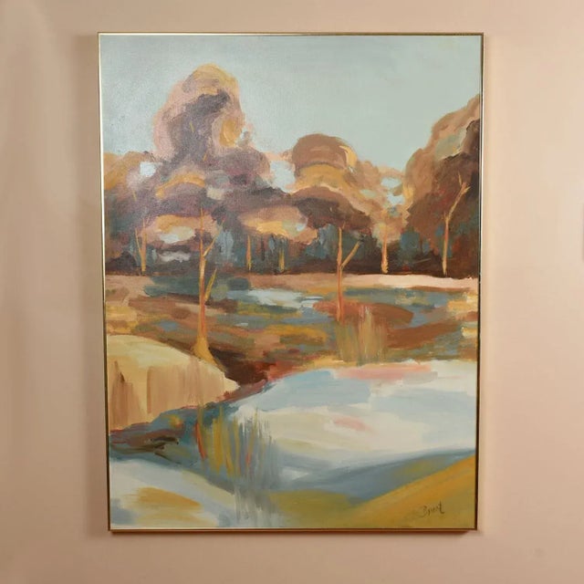 Mid-Century Modern Harris Strong Studios Light Blue and Brown Grove Painting by Brent For Sale - Image 3 of 12